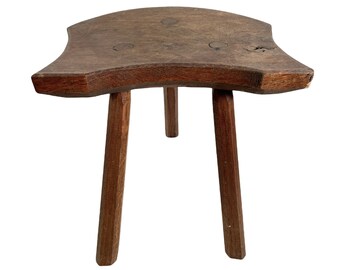Vintage French Traditional Stool Small Wooden Brown Wood Small Stand Display Plinth Plant Pot Tabouret Three Legs Tripod c1940-50's / EVE