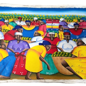 Vintage Haitian Folk Art Original Acrylic Painting Paint Art On Raw Canvas Signed A Ristil &quot;The Markets&quot; circa 1980-90&#39;s / EVE