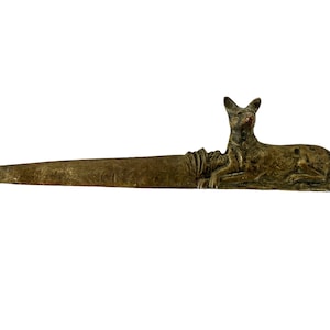 Antique CH Gautier T Baise Signed Letter Opener French Dog Brass Metal Decorative Knife Ornate Desktop Desk Office Gift c1910-20s / EVE