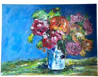 Painting Vase Of Flowers Original Oil On Canvas Wall Decor Decoration Signed By Artist G. Laftiente / EVE