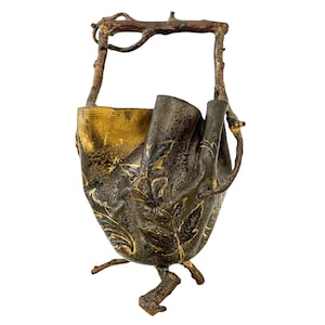 Antique Japanese Metal Vase Ornament Ikebana Flower Plant Display Piece Prop Gold Details Carp Fish c1910-20&#39;s / EVE