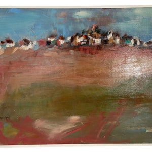 Vintage French Abstract Blue Red Green Landscape Buildings Oil Painting On Canvas Signed circa 1960-70&#39;s / EVE