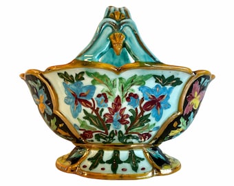 Vintage French Monaco Majolica Decorative Cache Pot Flower Basket Plant Holder Planter Glazed Earthenware Ceramic Blue Gold c1950’s / EVE
