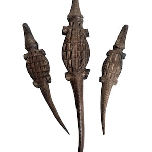 Vintage African Crocodile Wooden Statue Figurines Primitive Sculpture Croc Carving Tribal Art Decor c1960-70's / EVE
