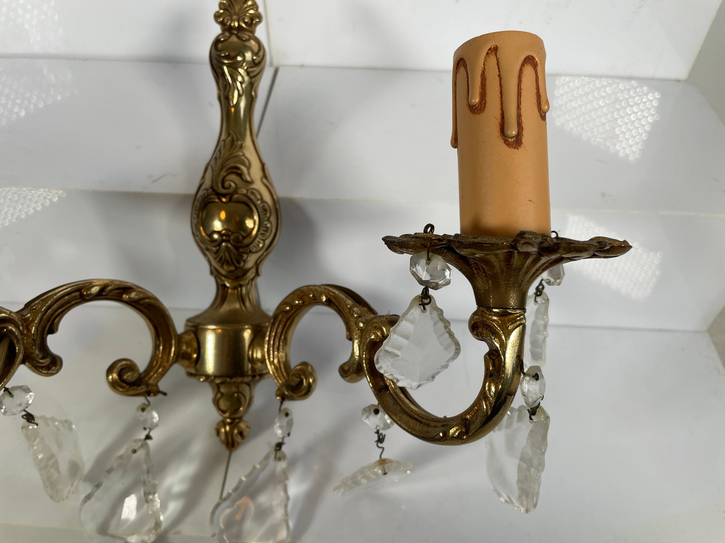 Sconces EVE de France Vintage French Pair Brass Bronze Glass Wall Hanging Electric Light Lantern