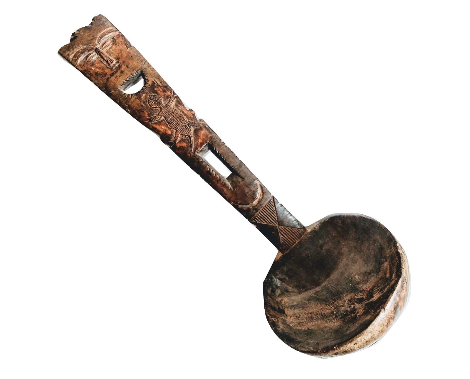 Vintage African Carved Wood Wooden Serving Ladle Spoon Scoop Bowl Trinket Dish Catch-All Table Pièce