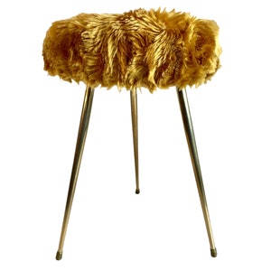 Vintage French Stool Pelfran Style Gold Coloured Metal Yellow Padded Cushioned Fluffy Chair Stand Rest Seating Tabouret c1960-70&#39;s / EVE