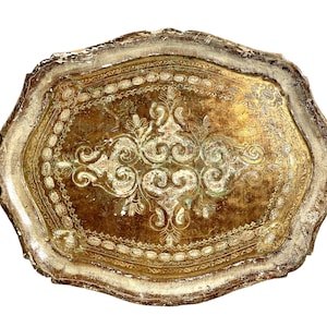 Antique Italian Florentine Florence Gold Wood Ornately Decorated Small Serving Lap Tray Handled Decoration c1910-20&#39;s / EVE