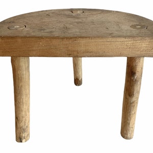 Vintage French D Stool Traditional Small Milking Wooden Brown Wood Small Chair Stand Display Plinth Seating Pot Tabouret c1970-80&#39;s / EVE