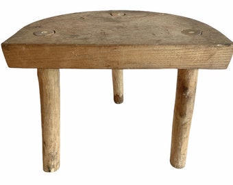 Vintage French D Stool Traditional Small Milking Wooden Brown Wood Small Chair Stand Display Plinth Seating Pot Tabouret c1970-80's / EVE