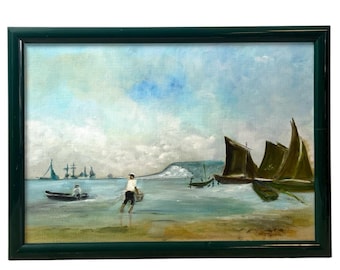 Vintage French Impressionistic Oil Painting of a Coastal Scene with Sailboats in Green Gloss Bevelled Wood Frame circa 1980-1990's / EVE