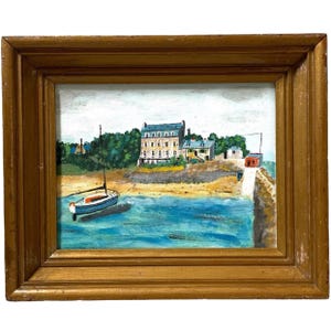 Vintage French Seaside Coast Boat Acrylic Framed Original Art Painting On Canvas circa 1980-90&#39;s / EVE