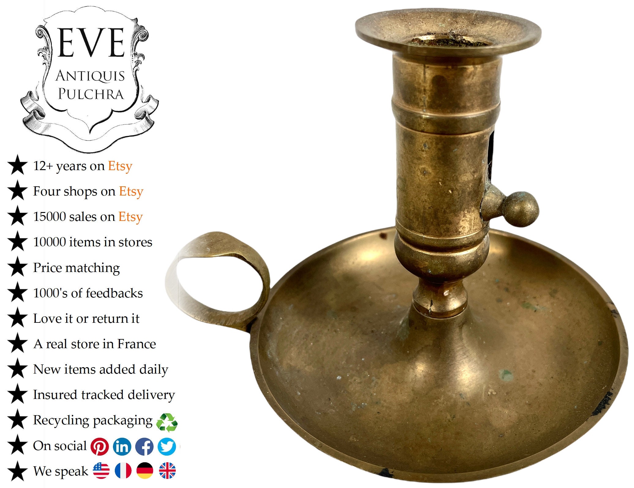 Vintage Anglais Laiton Métal Debout Main Tenue Portable Bougie Candélabre Bâton Piédestal Ornement S