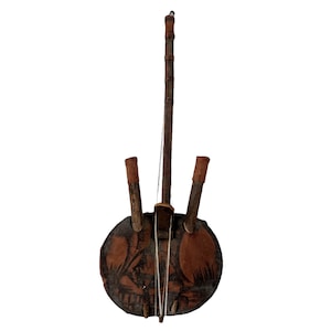 Vintage African Stringed Musical Instrument Drum Wooden Decor Carved Carving Sculpture Calabas Wood Tribal Art c1980-90&#39;s / EVE