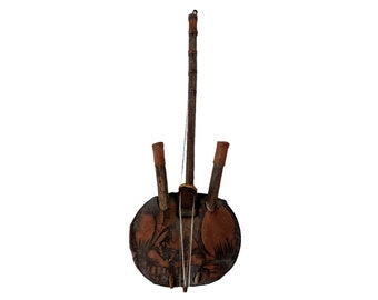 Vintage African Stringed Musical Instrument Drum Wooden Decor Carved Carving Sculpture Calabas Wood Tribal Art c1980-90's / EVE