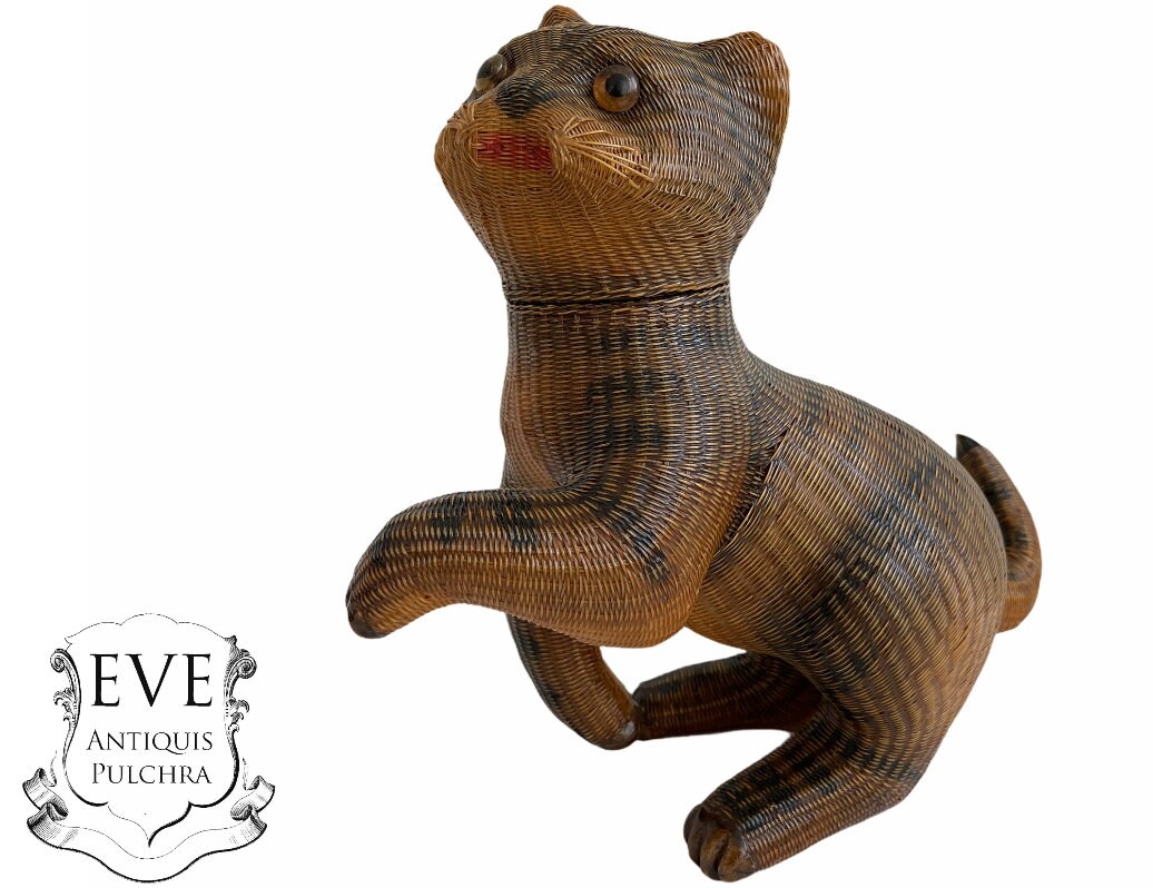 Chaton Chinois Vintage avec Couvercle de Tête Wicker Basket Shanghai Collection Artisanat Traditionn