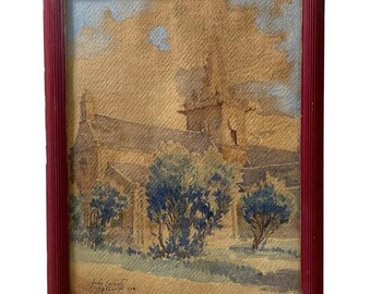 Antique French Watercolor Painting of a Church in Granville Normandie Normandy and Trees by Fely Calvelli 1925 / EVE