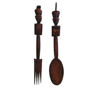 Vintage African Carved Wood Wooden Large Decorative Spoon And Fork Cutlery Wall Kitchen Decor Display c1960-70&#39;s / EVE de France