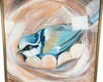 Vintage Français grand encadré pastel dessin peinture « Mesange Bleue » mésange bleue nid d'oiseau signé vers 1991 / EVE