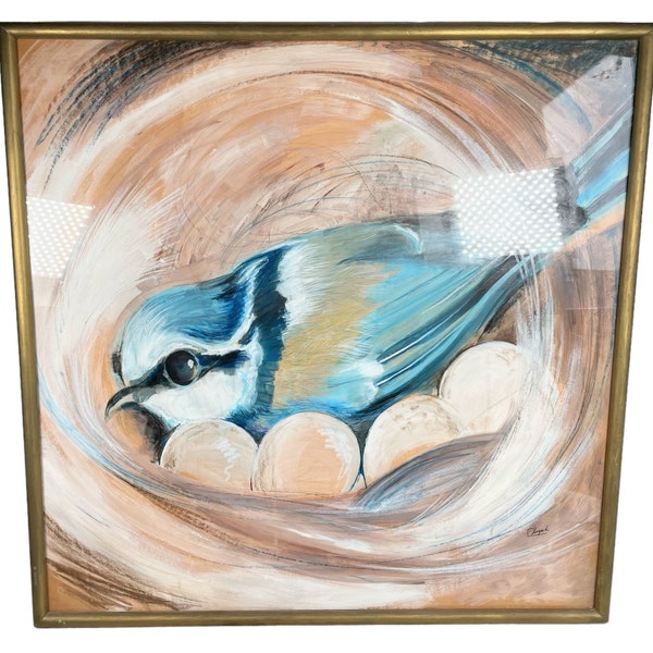 Vintage French Large Framed Crayon Pastel Drawing Painting "Mesange Bleue" Blue Tit Nesting Nest Bird Signed circa 1991 / EVE