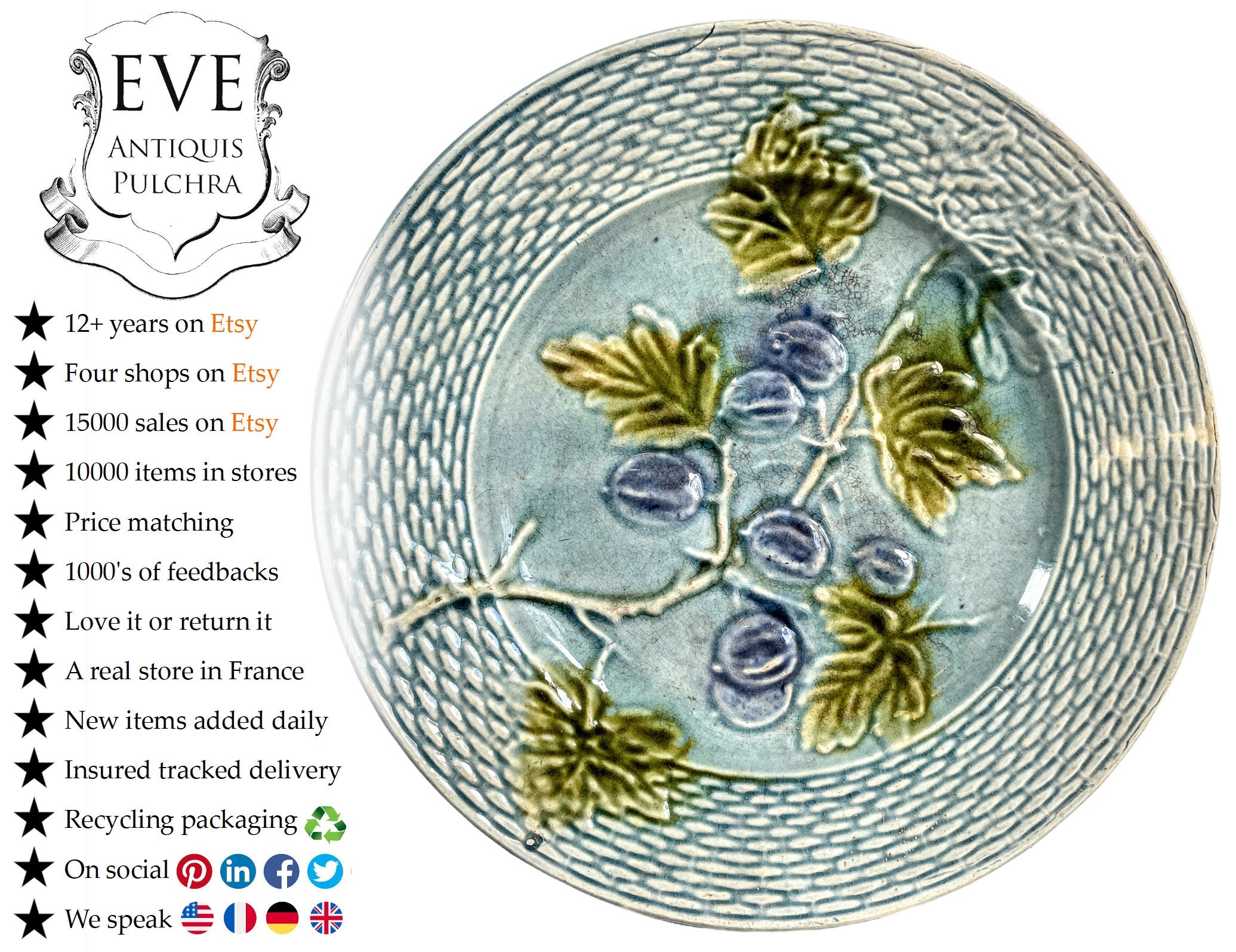 Antique Français Majolica Plate Dish Server Décoratif Émaillé Faïence Céramique Vert Bleu C1910-20/E