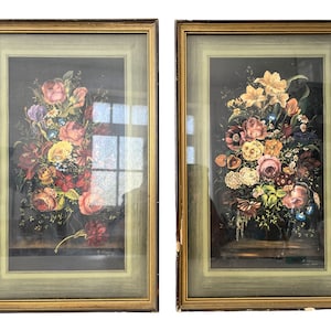Vintage French Two Small Prints In Golden Black Frames Print Glass Fronted Flowers Still Life Scene circa 1970 / EVE