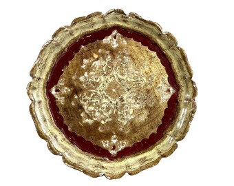 Vintage Italian Florentine Florence Gold Red Wood Ornately Decorated Small Serving Tray Trivet Stand Dish Decoration c1920-30's / EVE