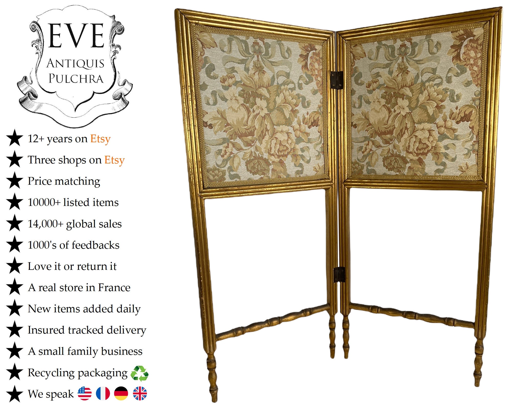 Antique Français Demi Paravan Or Bois Écran Coupe-Feu Bouclier Divider Cloison Décor Prop Meubles C1