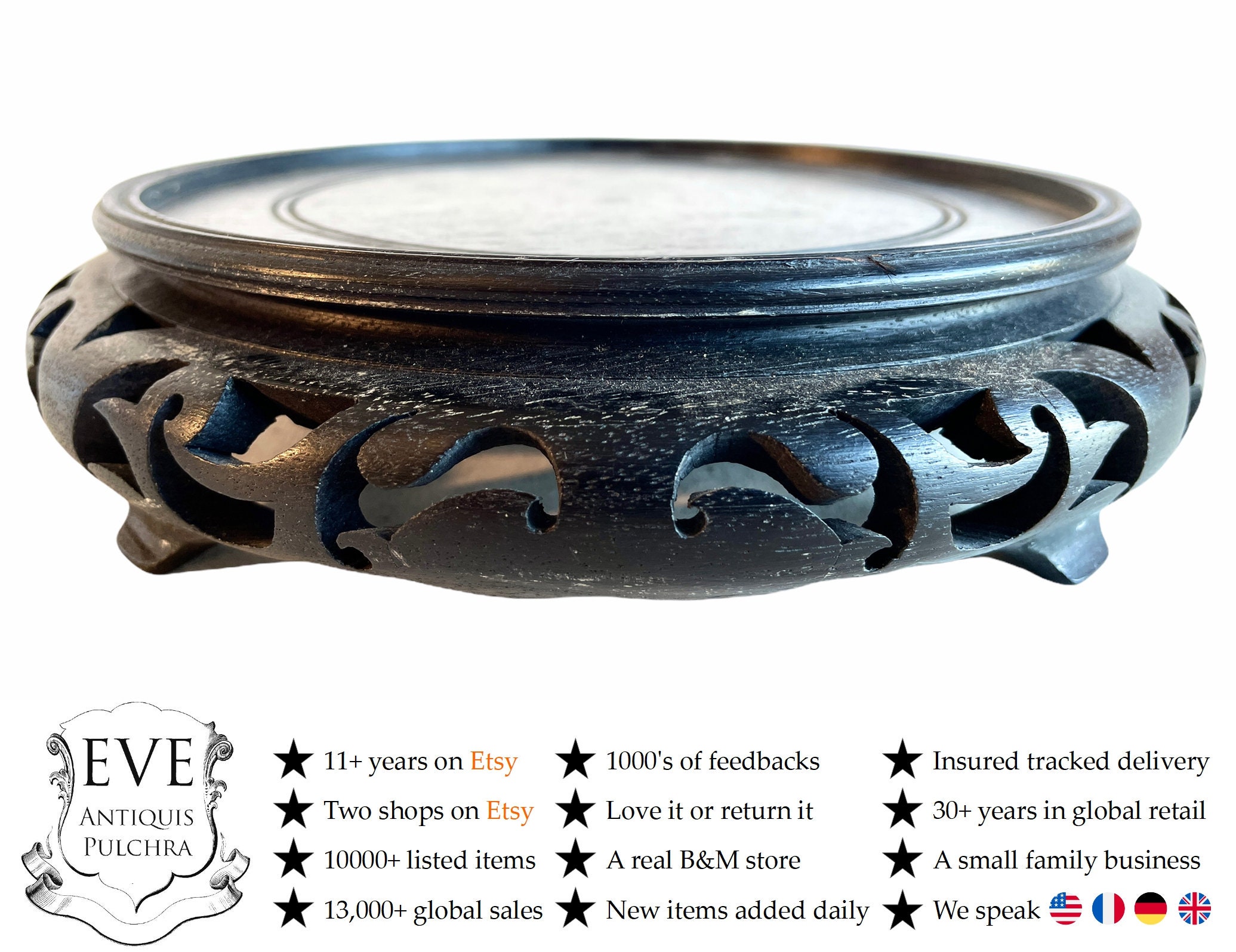 présentoir en bois chinois vintage socle vase ornement base circulaire décor dessous de plat napperon protecteur boîte asiatique c1960's/eve