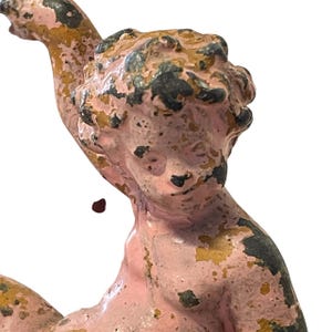 Antique Pair of Art Nouveau Metal Painted Chippy Vases with Stone Bases Applied Cherub Figures c1890's / EVE immagine 9