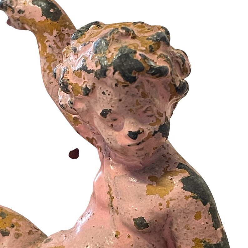 Antique Pair of Art Nouveau Metal Painted Chippy Vases with Stone Bases Applied Cherub Figures c1890's / EVE immagine 9