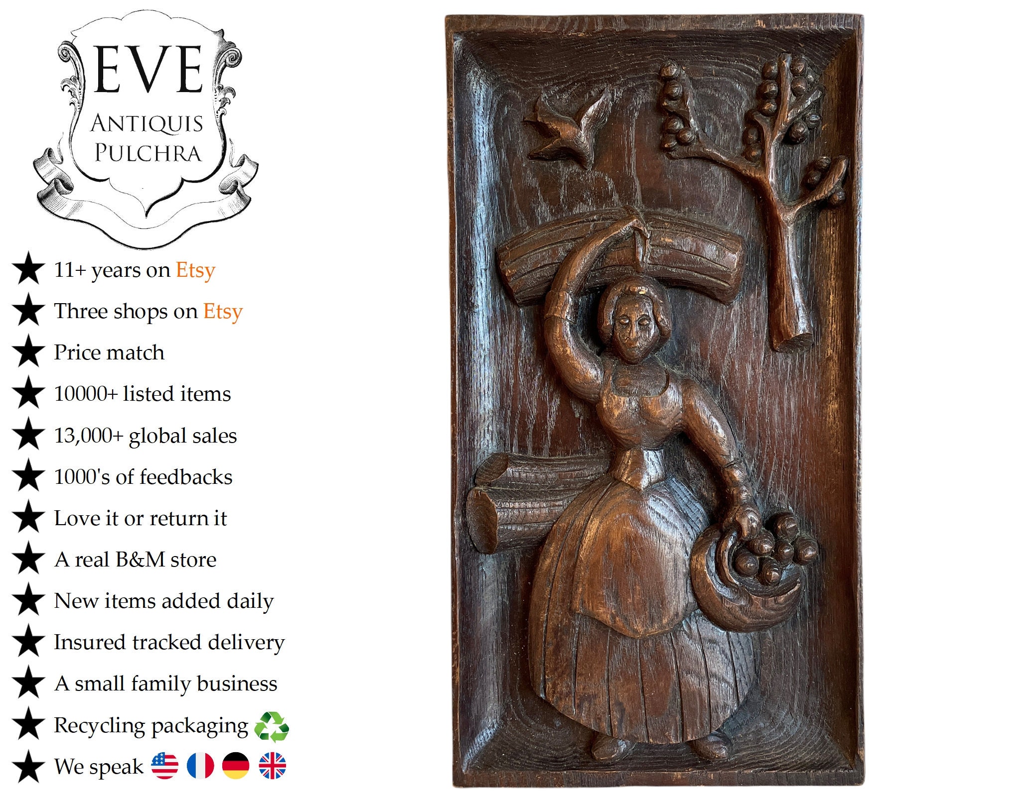 Vintage Français Bois Sculpté Dame Récolte Agriculture Figurine de Travail Accrochage Mural Pomme Cu