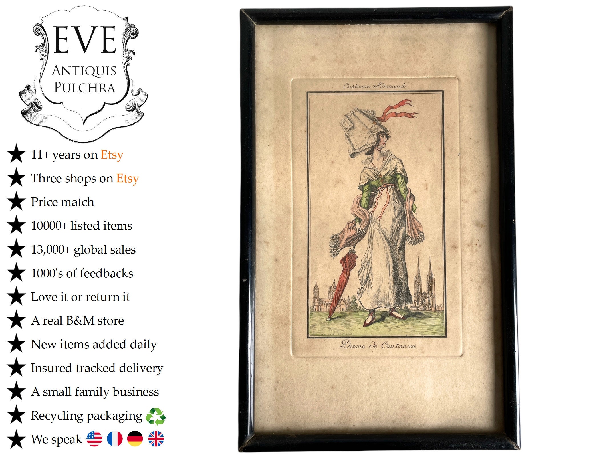 Antique Français Encadré Costumed Lady Of Coutances Print Wooden Frame Wall Decor Display France Nor