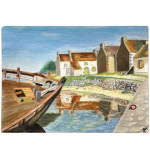 Vintage French Seaside Coast Boat Acrylic Framed Original Art Painting On Canvas circa 1990&#39;s / EVE