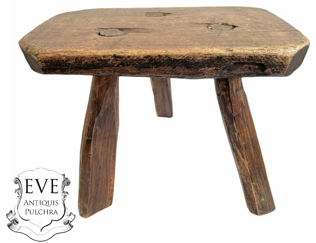 Vintage Français Rustique Rural Tabouret Bois Marron Naturel Petite Chaise de Traite Stand Affichage