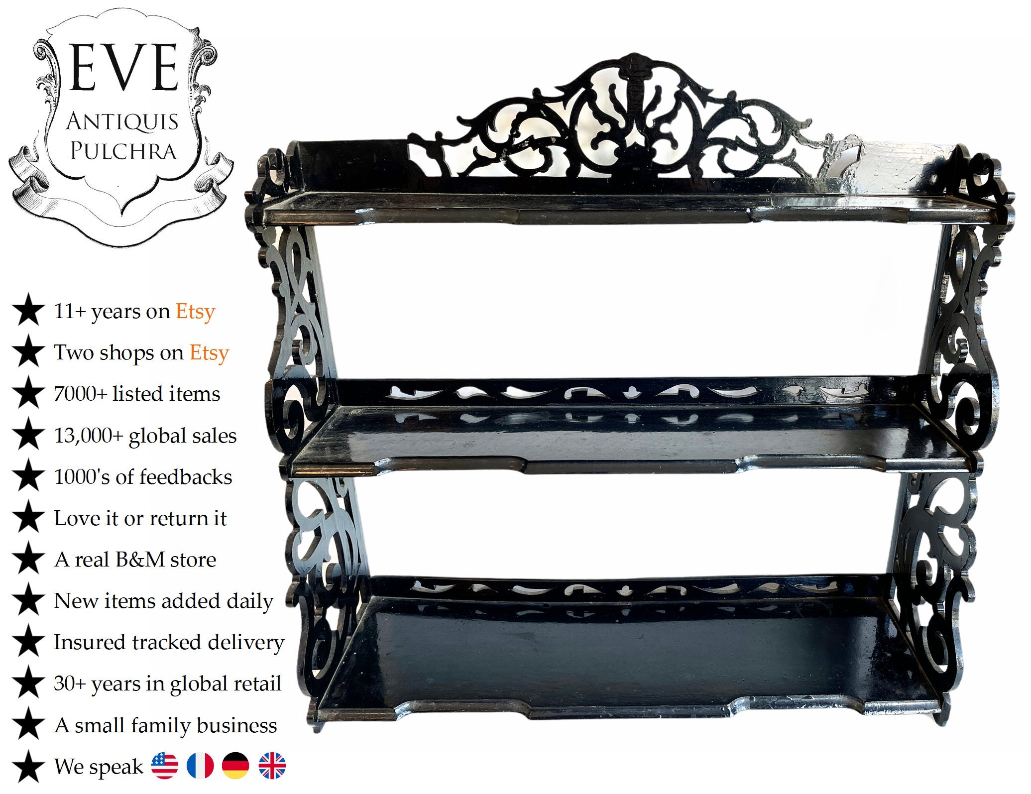 Antique Français Bois Noir Brillant Laqué Grand 3 Rang Étagère Étagères Murales Display Prop Circa 1