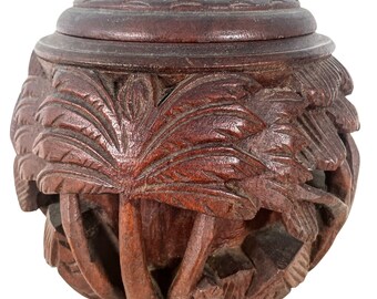 Vintage Tahitian Oceania Polynesian Decorative Hand Carved Wooden Storage Pot With Lid Ornament Decor Carving Sculpture Art c1970-80's / EVE