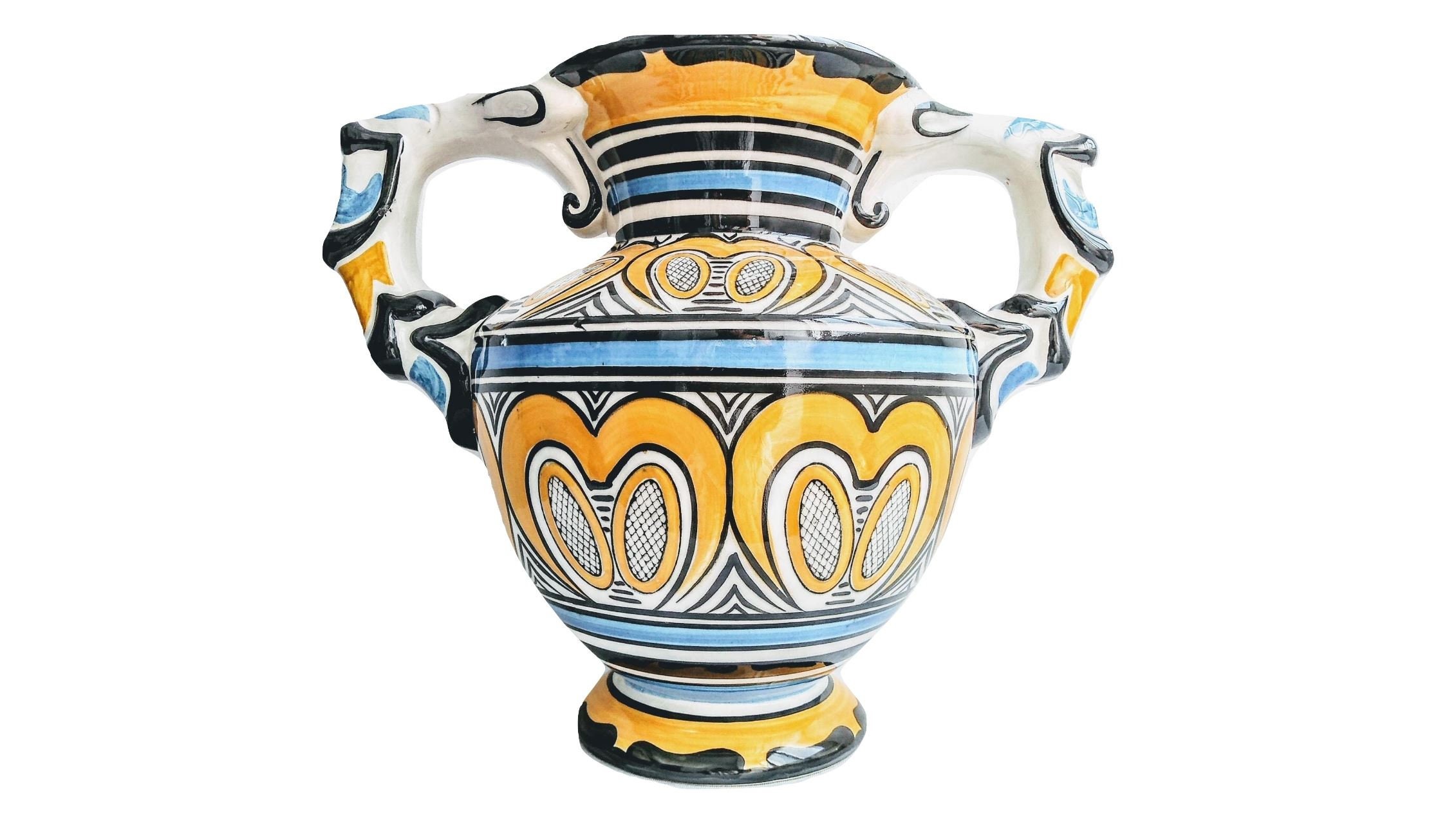 Vintage Français Avranches Large Yellow Blue White Ceramic Twin Handled Trophy Vase Urn Pot Bright D