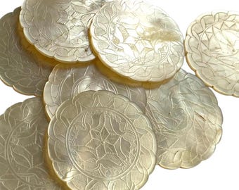 Antique Chinese SINGLE Circular Mother Of Pearl Gaming Chip Counter Token Hand Carved Engraved c1800-1850&#39;s / EVE
