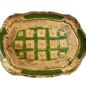 Vintage Italian Florentine Florence Gold Green Wood Ornately Decorated Small Serving Tray Trivet Stand Dish Decoration c1950&#39;s / EVE