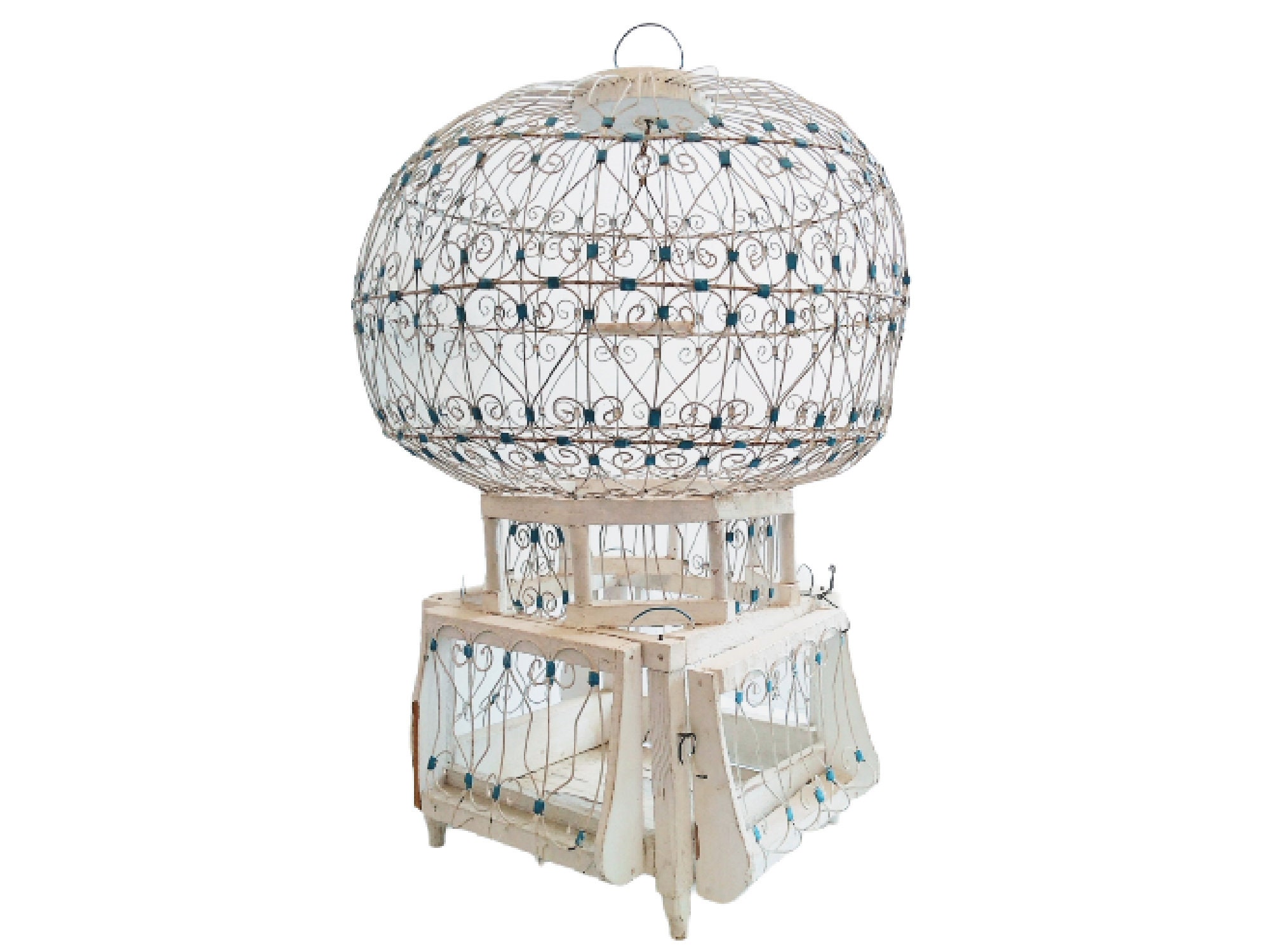 Vintage Marocain Blanc Bleu Bois Métal Song Cage Viviary Collector Keeper Historique Prop Decor Trad