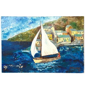 Vintage French Sea Sailing Dinghy Boat Harbour Oil Painting On Canvas Wall Decor Decoration DAMAGED c1973 / EVE