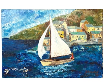 Vintage French Sea Sailing Dinghy Boat Harbour Oil Painting On Canvas Wall Decor Decoration DAMAGED c1973 / EVE
