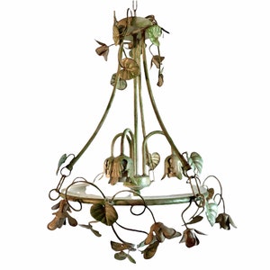 Vintage French Metal Glass Toleware Style Green Leaf Wall Hanging Electric Light Lantern Candle Lamp Ornament Decor Design c1970&#39;s / EVE