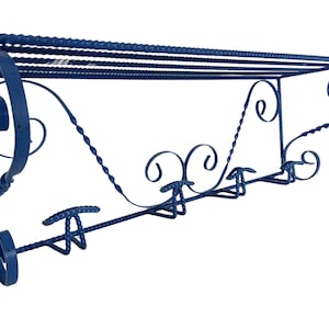 Vintage French Iron Blue Four Hook Coat Hanger Hanging With Hat Shelf Decor Display Hallway Cloakroom Stable c1970-80&#39;s / EVE