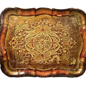 Vintage Italian Tray Florentine Florence Gold Wood Ornately Decorated Small Serving Lap Decoration Rectangular c1950&#39;s / EVE