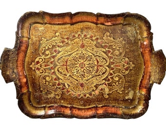Vintage Italian Tray Florentine Florence Gold Wood Ornately Decorated Small Serving Lap Decoration Rectangular c1950's / EVE