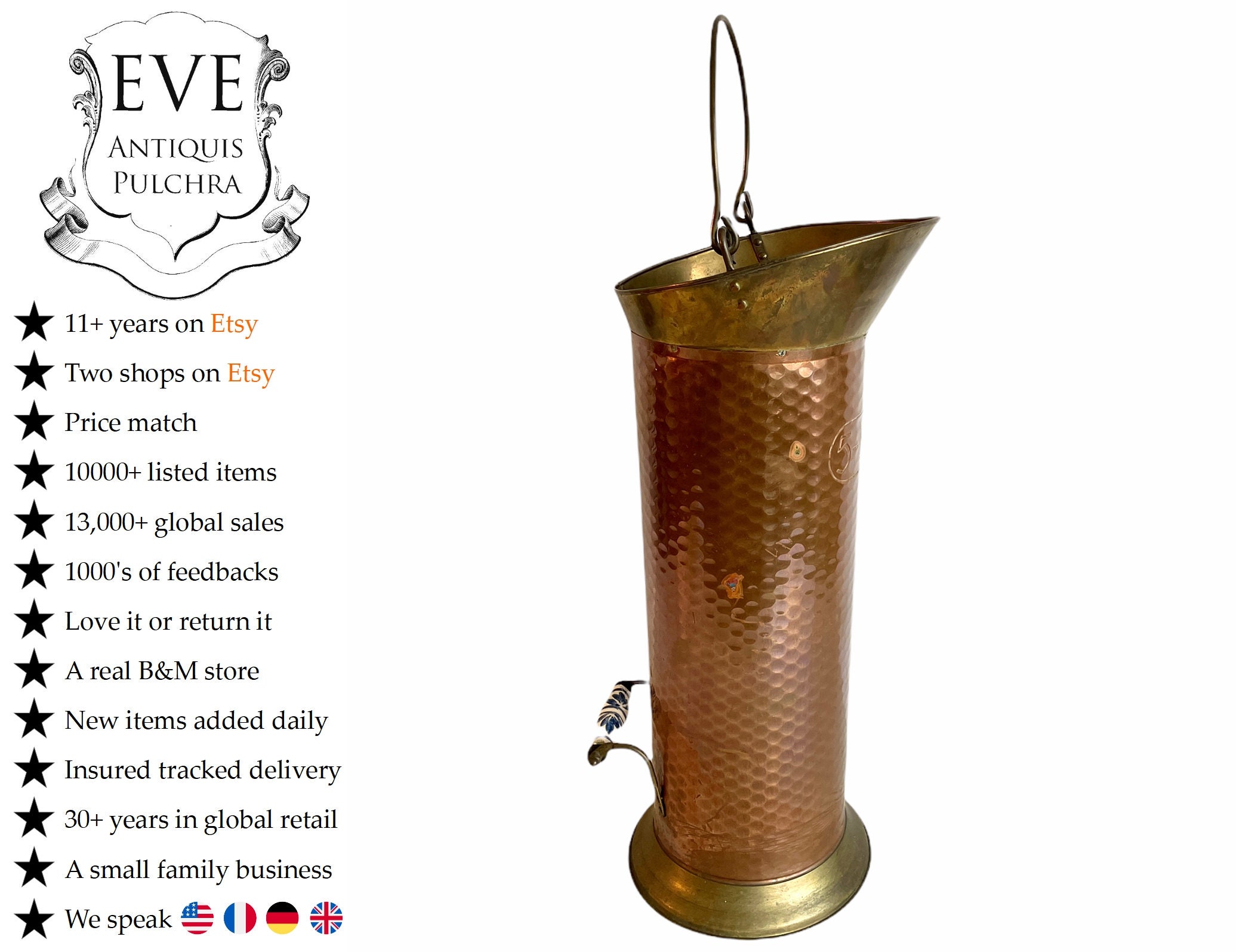 Vintage Français Cuivre Laiton Parapluie Walking Stick Stand Container Pot Porte Couloir Décor Vesti