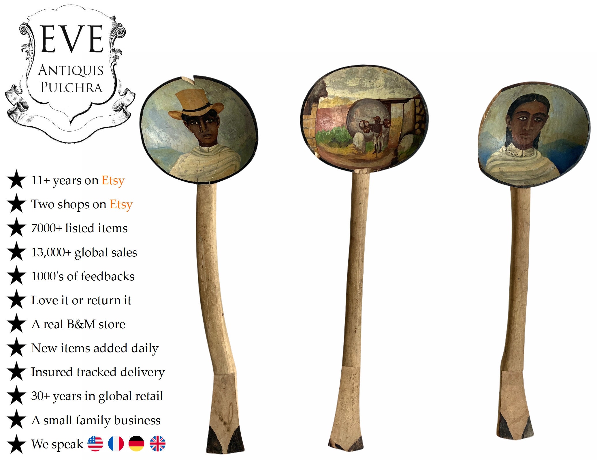 Vintage Madagascar Bois Sculpté Géant Grande Cuillère Décorative Peinte à La Main Murale Décor Decor