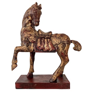 Vintage Chinese Wooden Wood Carved Foo Horse Ornament Home Decor China Asian Decoration Decorative Red Gold circa 1970-80&#39;s / EVE